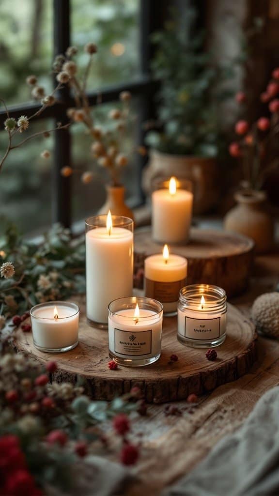 A beautiful arrangement of handmade scented candles on wooden surfaces with greenery and flowers.