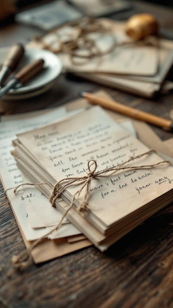 A stack of handwritten letters tied with twine on a wooden table, surrounded by writing tools.