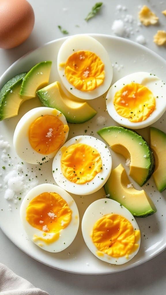 A plate of hard-boiled eggs sliced in half with avocado slices, seasoned with salt and herbs.