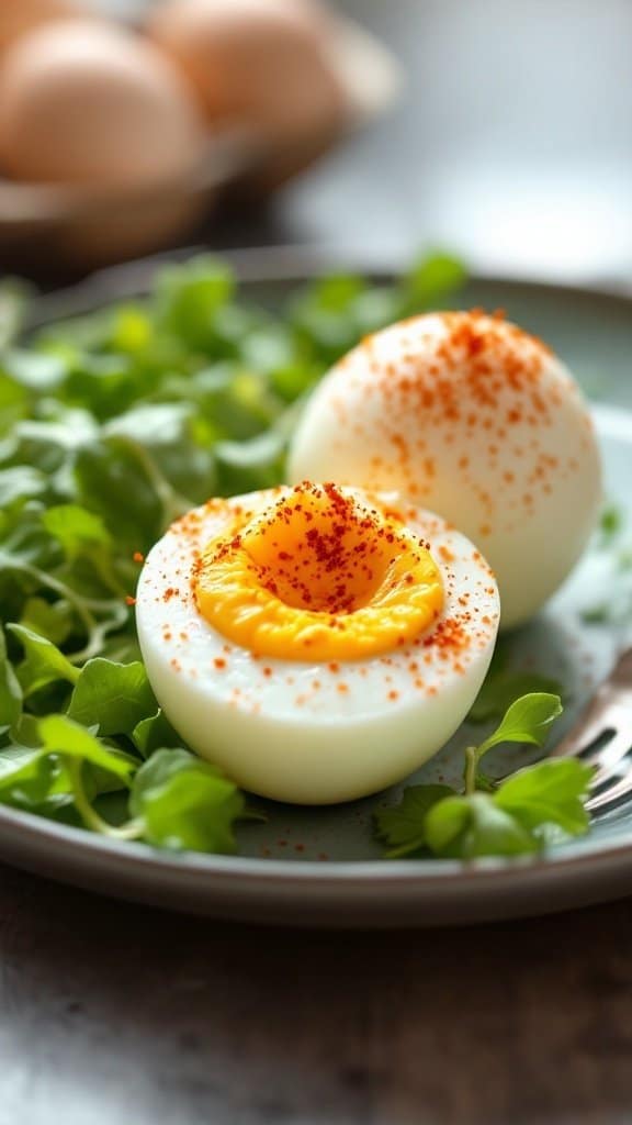 A plate of two hard-boiled eggs sprinkled with spice on a bed of greens.