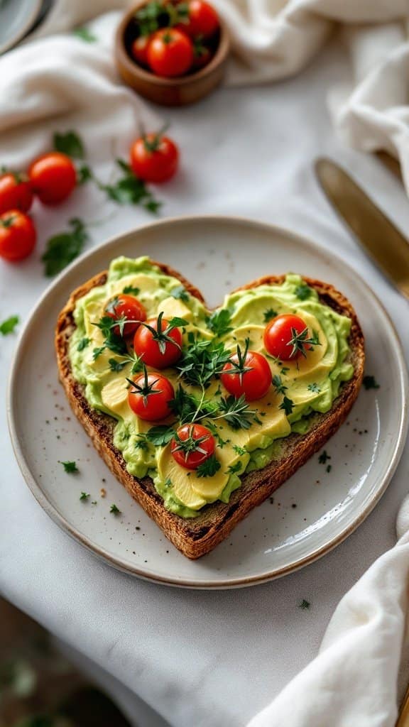Heart-shaped avocado toast topped with cherry tomatoes and herbs on a plate