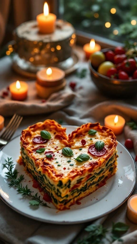 Heart-shaped vegetable lasagna on a plate surrounded by candles and fresh tomatoes