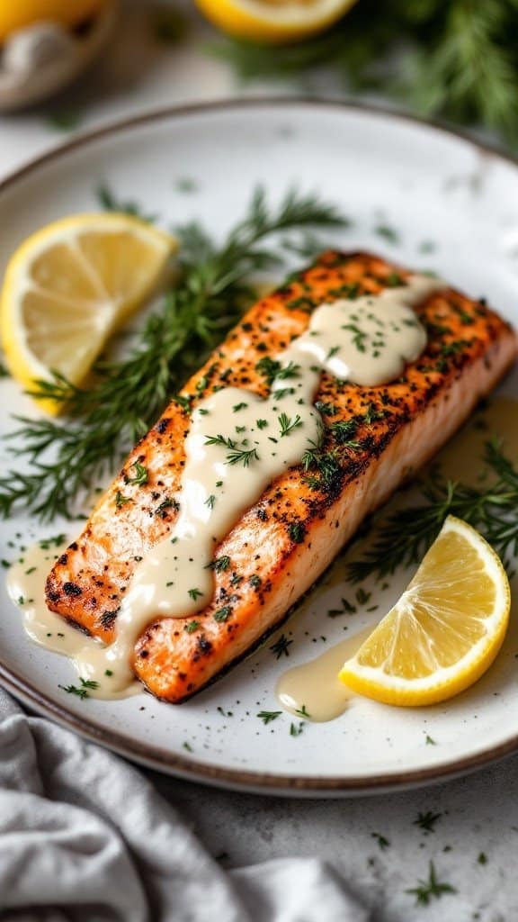 A plate of herb-crusted salmon with lemon dill sauce, garnished with lemon slices and fresh dill