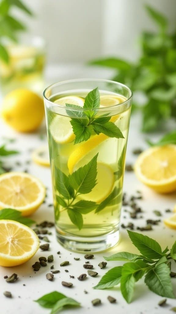A refreshing glass of herbal green tea with lemon slices and mint leaves on a light background with lemon halves and fresh herbs around.
