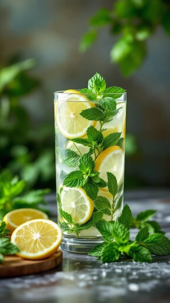 A refreshing glass of herbal infused water with lemon slices and mint leaves.
