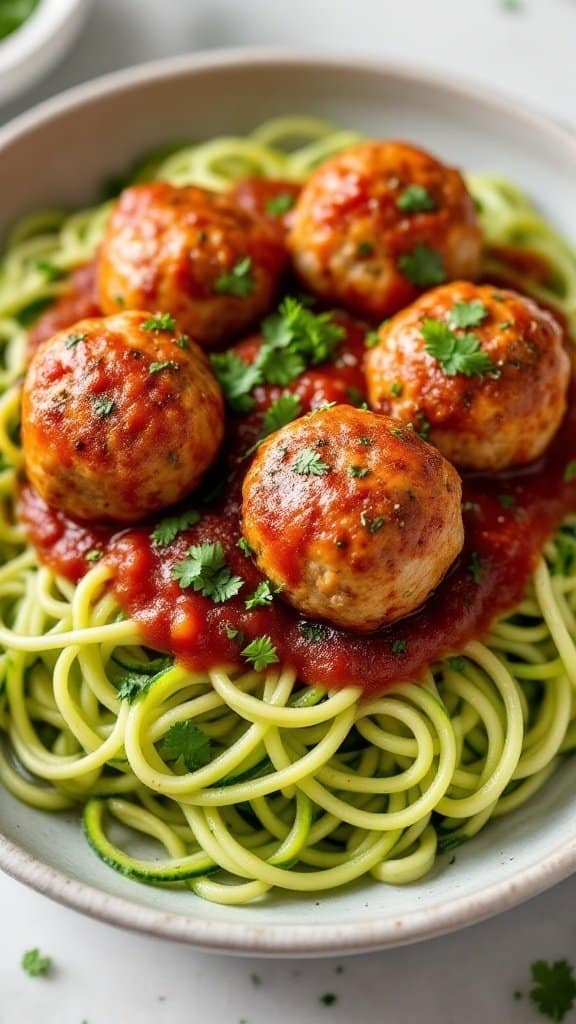 A bowl of herbed turkey meatballs served over spiralized zucchini noodles with marinara sauce and garnished with fresh herbs.