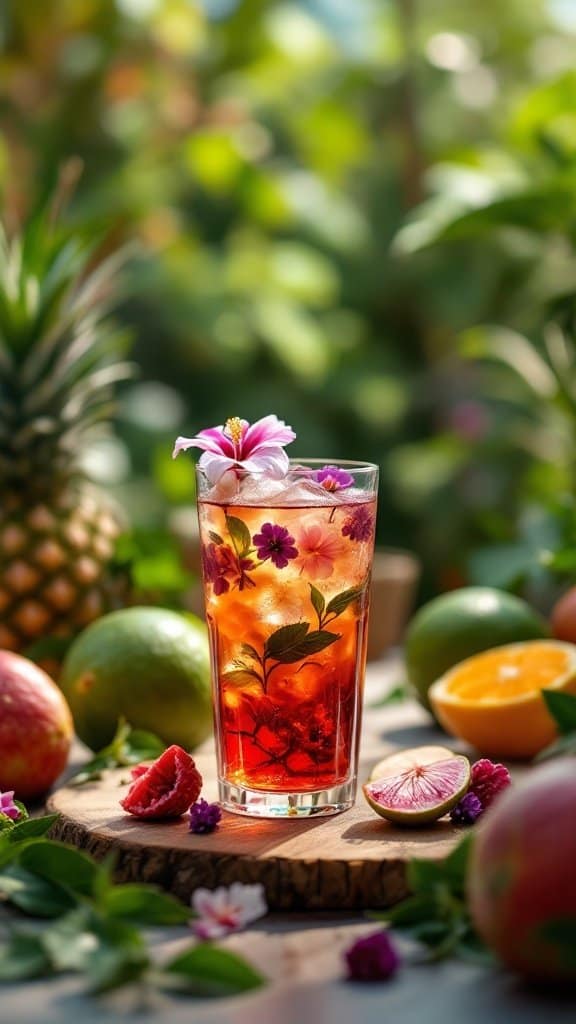 A colorful glass of hibiscus tea garnished with flowers and fruits