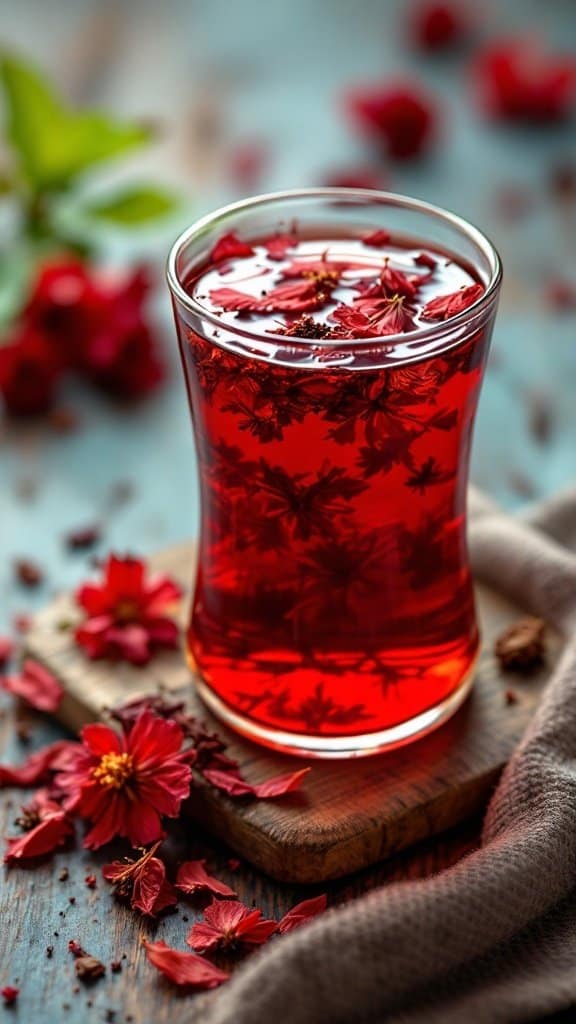 A glass of hibiscus tea with floating petals, set on a wooden surface.