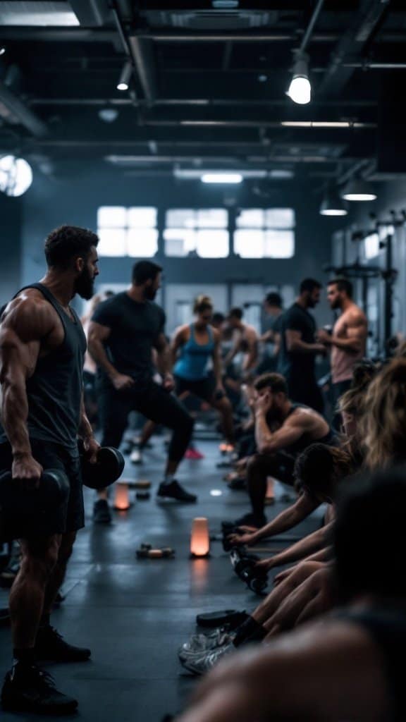 A busy gym with people engaged in various high-intensity workouts, showcasing a vibrant fitness community.