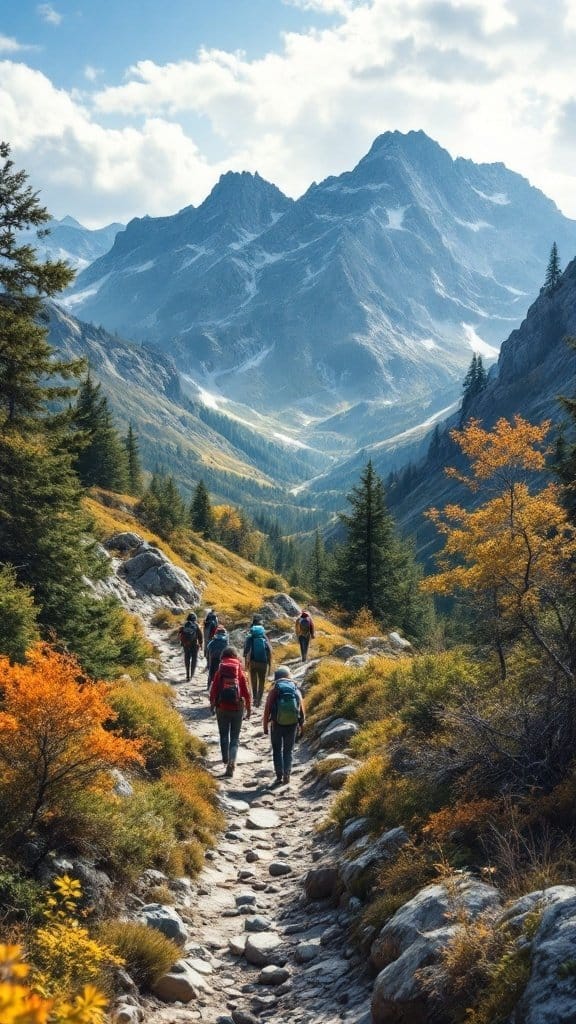 A group of hikers walking along a rocky trail with mountains in the background and autumn foliage.