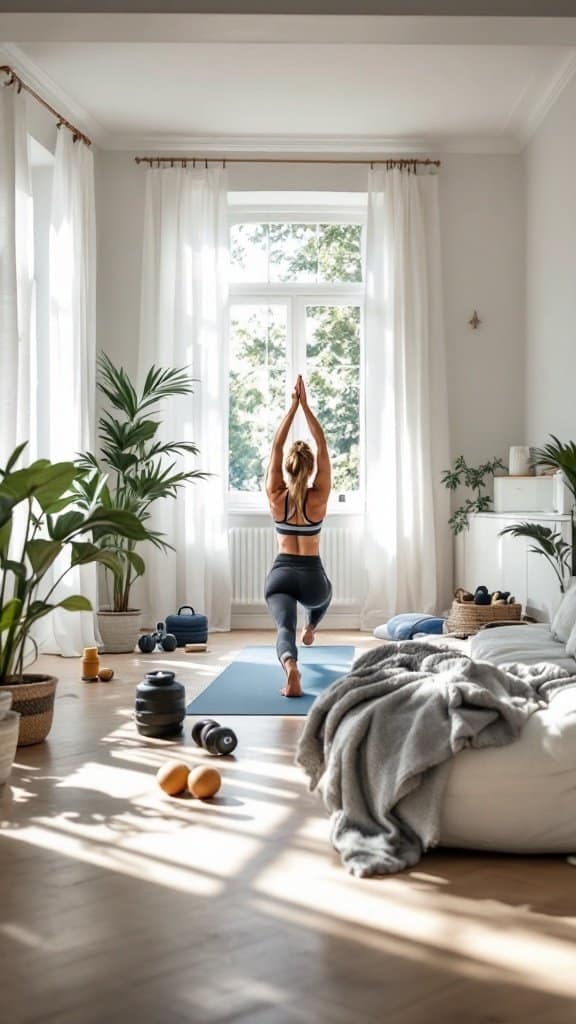 A person practicing yoga in a bright, cozy home environment, surrounded by plants and workout equipment.