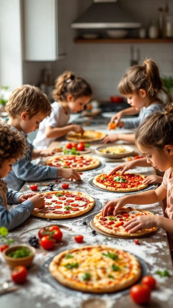 Children making personal pizzas with various toppings in a kitchen.