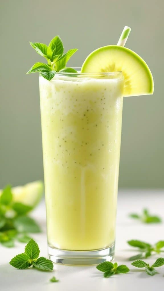 A refreshing Honeydew Mint Smoothie served in a tall glass with a slice of honeydew and mint leaves on top.