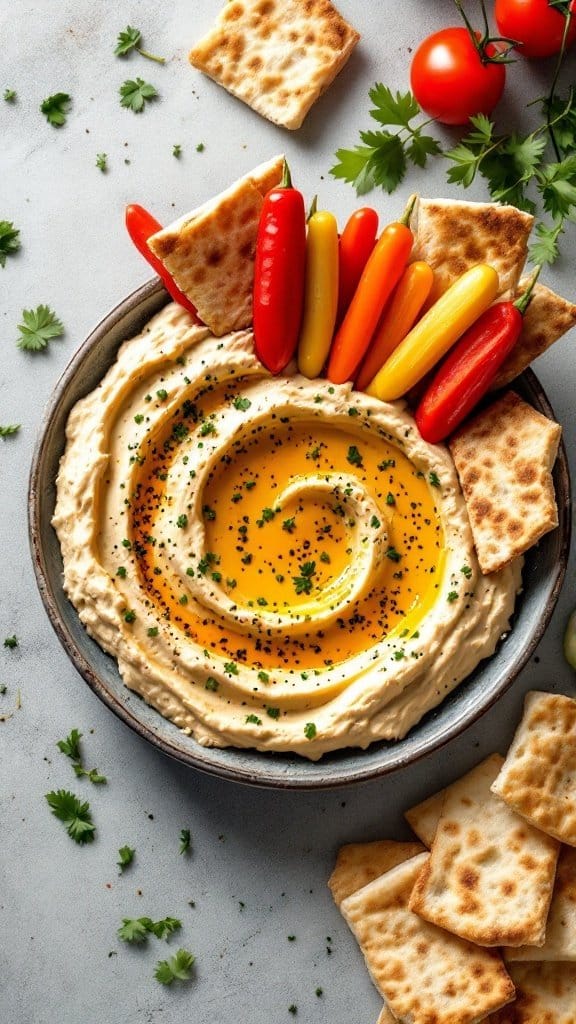 A vibrant platter featuring creamy hummus drizzled with olive oil, surrounded by colorful mini peppers and pita chips.