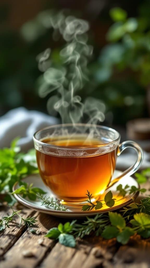 A steaming cup of herbal tea surrounded by fresh herbs on a wooden table.