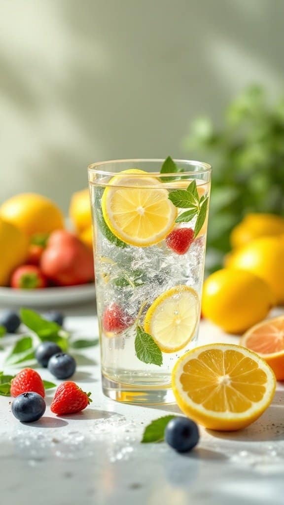 A refreshing glass of water with lemon slices, strawberries, and blueberries, surrounded by more lemons and berries.