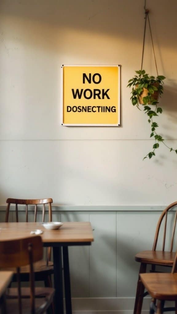A yellow sign on a wall that reads 'NO WORK' with plants and wooden chairs in the background.
