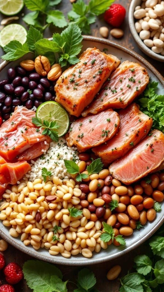 A colorful plate featuring grilled salmon, various beans, nuts, and fresh herbs, showcasing a balanced diet.
