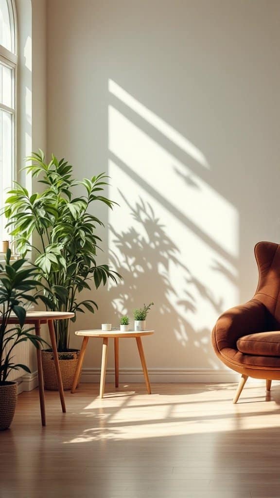 A cozy room featuring lush plants, wooden furniture, and soft shadows from natural light.