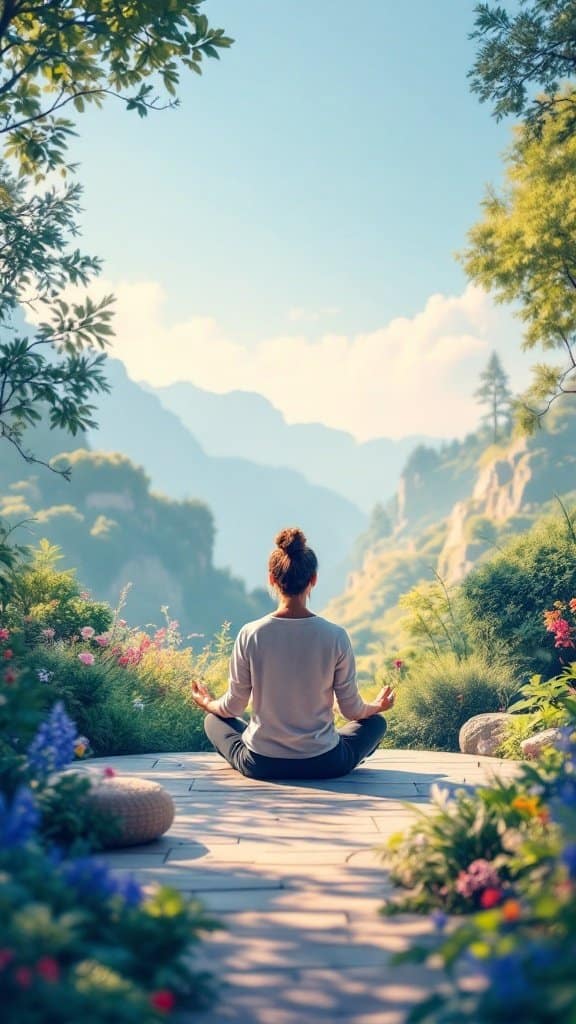 A person meditating in a peaceful outdoor setting surrounded by greenery and flowers.
