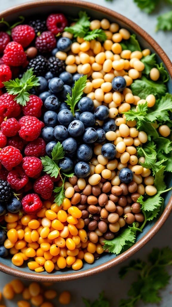 A colorful bowl of various fruits, beans, and greens, highlighting healthy fiber sources.