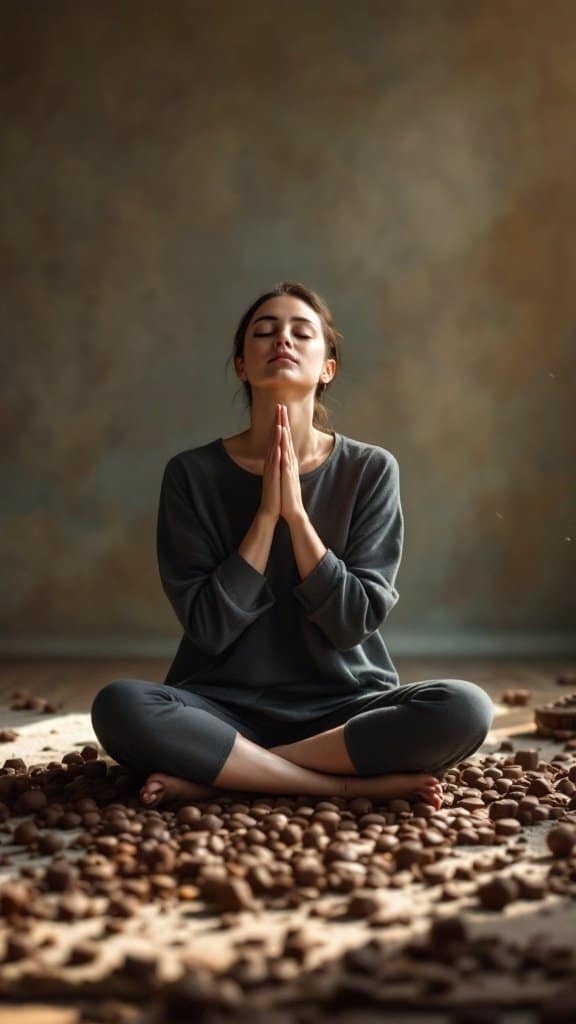 A woman meditating with chocolates around her, promoting mindful eating.