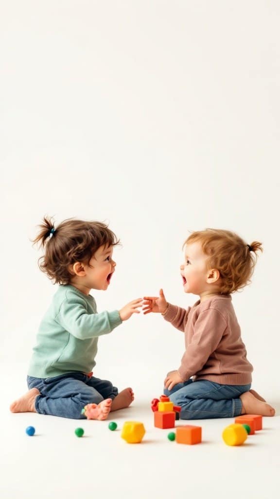 Two toddlers playing with colorful blocks, smiling and reaching out to each other.