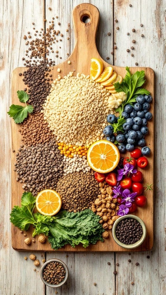 A variety of seeds and greens arranged on a wooden surface, showcasing colorful lentils, sesame seeds, chia seeds, and fresh broccoli and cilantro.