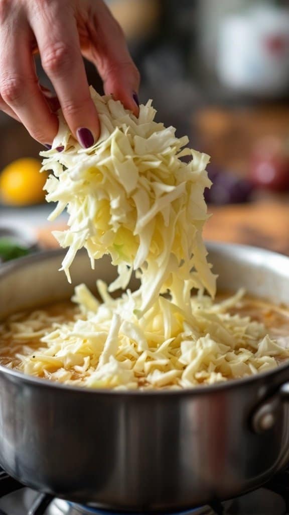 Shredding cabbage into a pot of soup