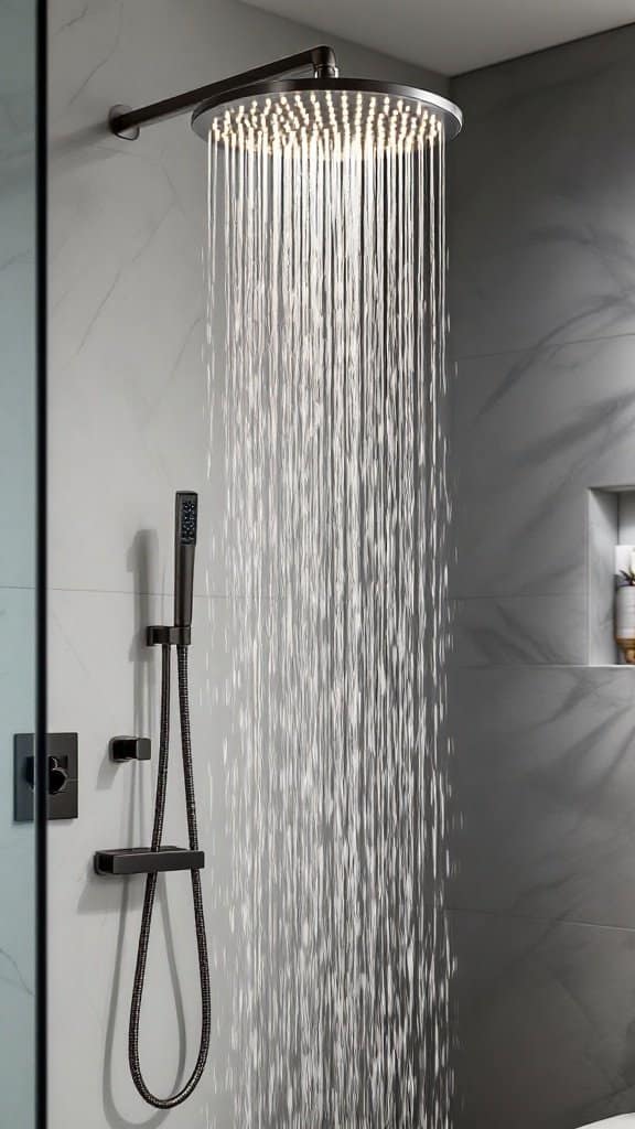 A modern showerhead with water flowing down, showcasing a sleek design in a stylish bathroom setting.