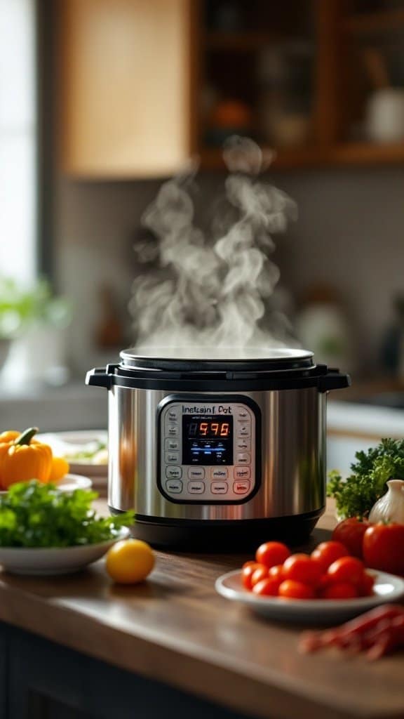 An Instant Pot with steam rising, surrounded by colorful vegetables and fresh ingredients on a kitchen countertop.