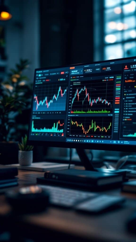 A computer monitor displaying stock market trends and investment data.