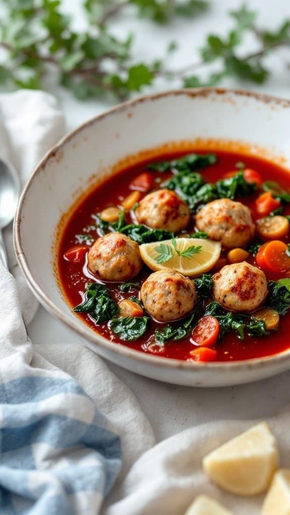 A bowl of Italian Wedding Soup with meatballs, spinach, and lemon slices.