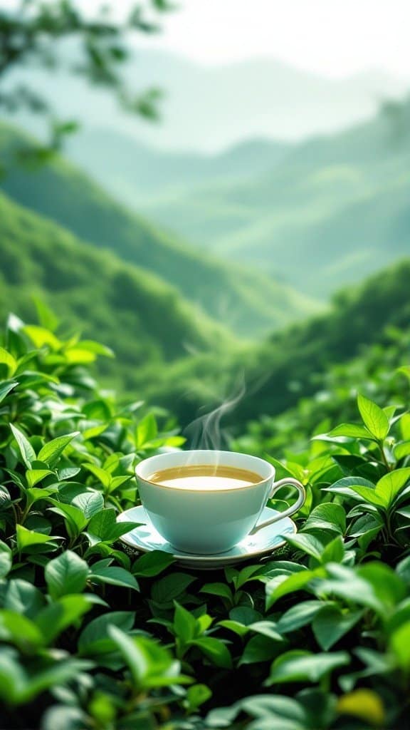A steaming cup of Jade Oolong tea surrounded by green tea leaves, set against a backdrop of green hills.