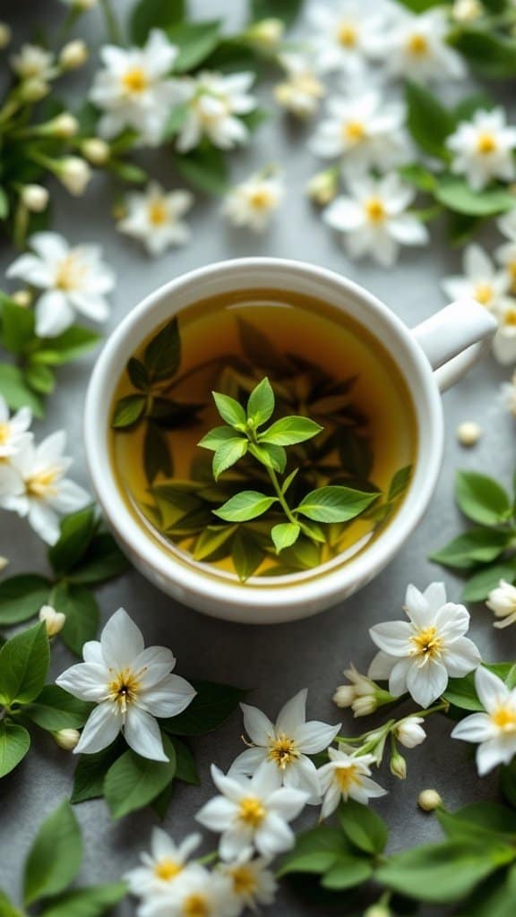 A cup of jasmine green tea surrounded by jasmine flowers and green leaves.