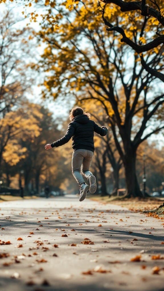 A person jumping joyfully in a park during autumn, surrounded by colorful leaves.