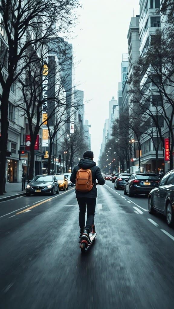 A person riding a kick scooter down a city street lined with buildings and cars.
