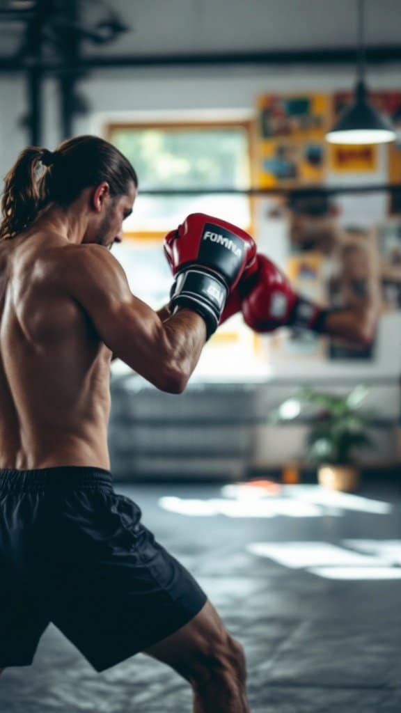 A person practicing kickboxing drills in a gym setting.