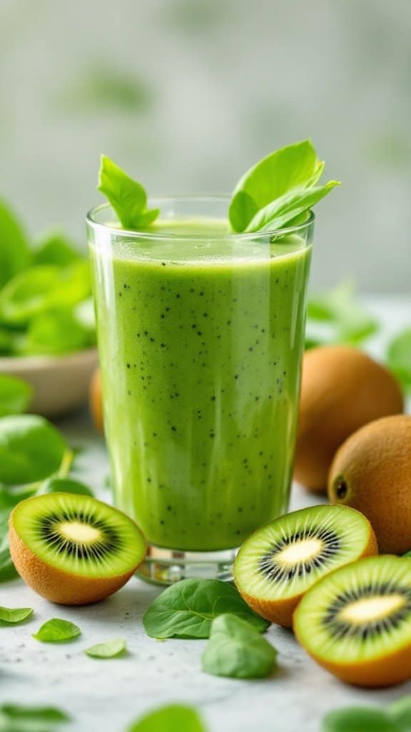 A glass of kiwi and spinach juice surrounded by fresh kiwi halves and spinach leaves.