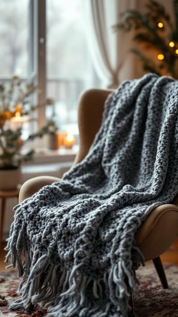 A cozy, knitted scarf draped over a chair in a warm, inviting room.