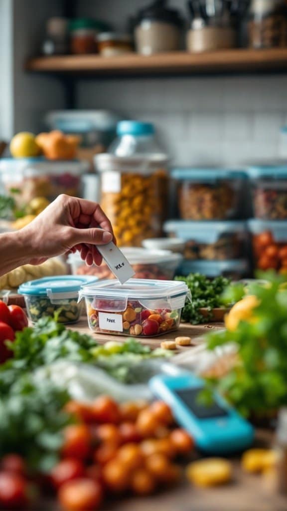 A person using a label maker to label a container filled with vegetables for meal prep.