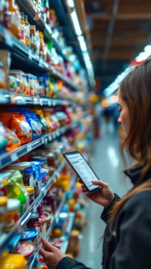 A person checking food labels in a grocery store aisle