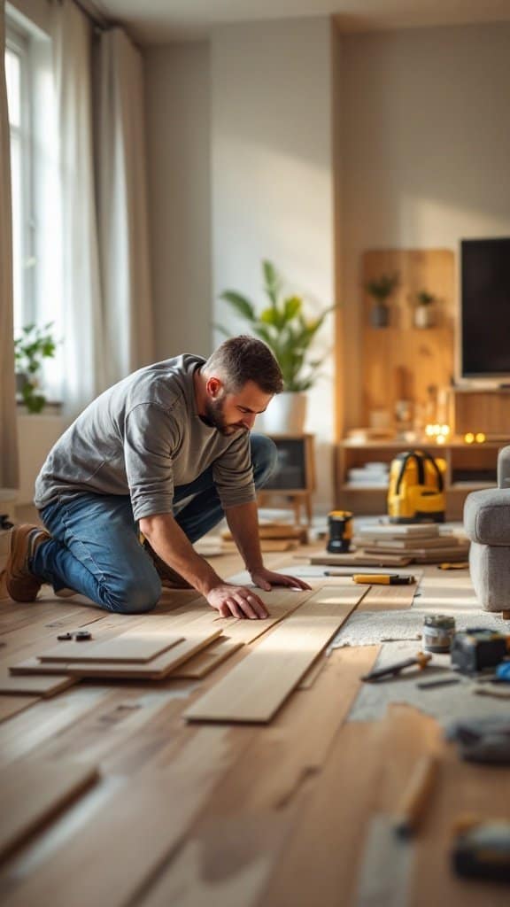 A person installing laminate flooring with tools and planks spread around.