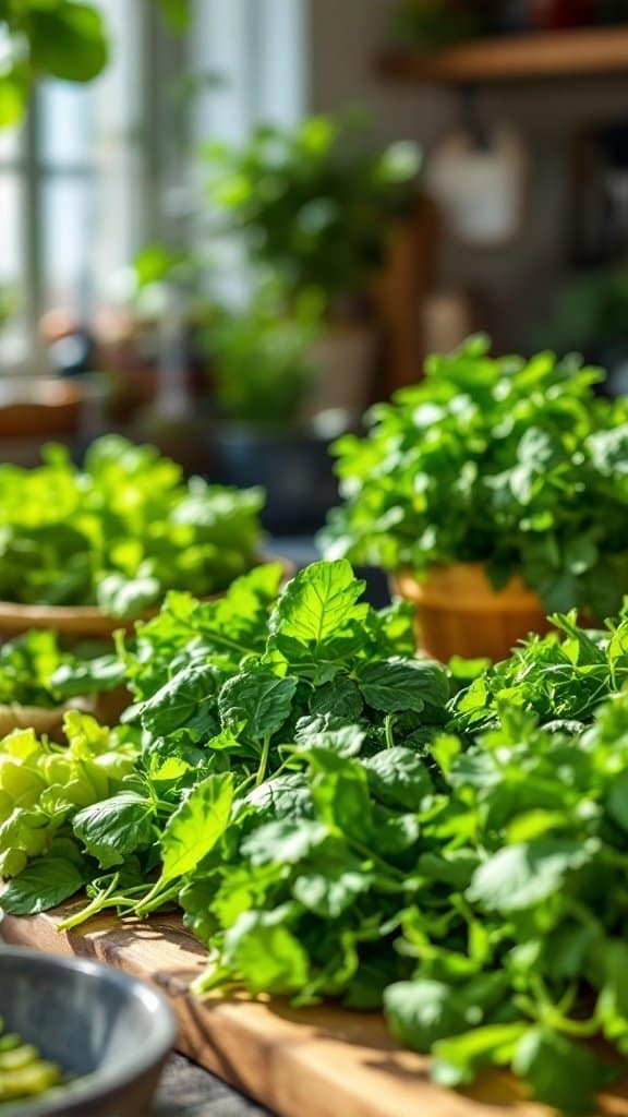 A vibrant display of fresh leafy greens on a wooden surface.