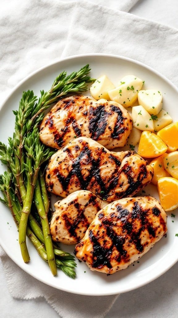 Grilled chicken breast with asparagus, potatoes, and lemon on a white plate