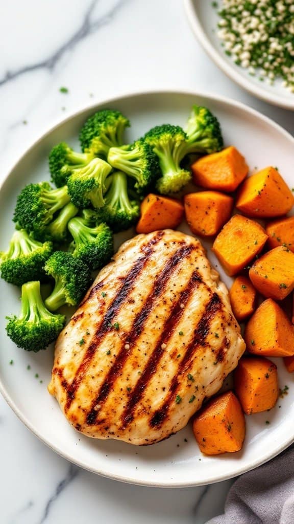Grilled chicken breast with broccoli and sweet potatoes on a plate