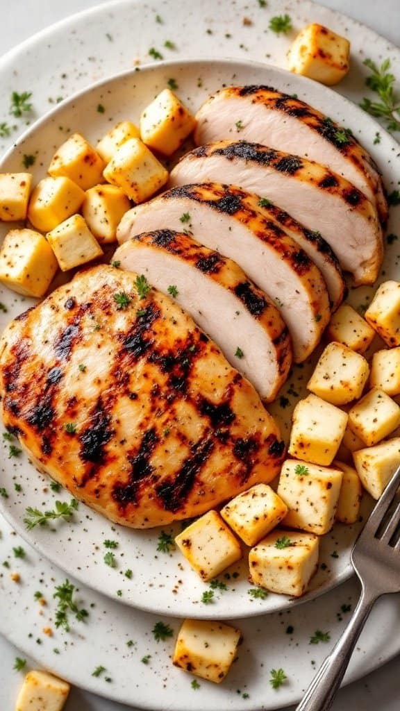 Grilled chicken breast slices with diced sweet potatoes on a plate, garnished with parsley.