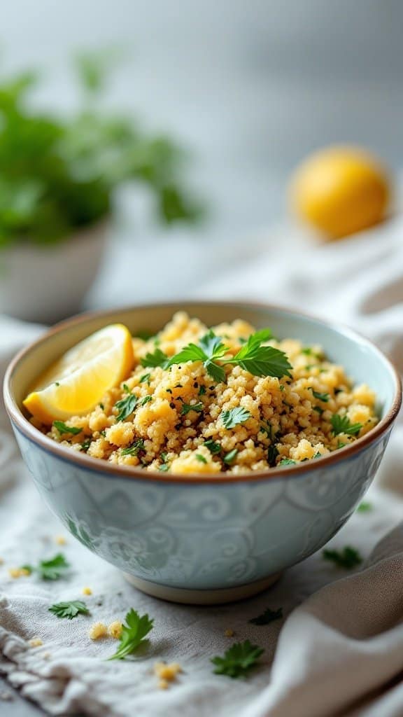 Bowl of lemon and herb quinoa salad garnished with parsley and a lemon slice