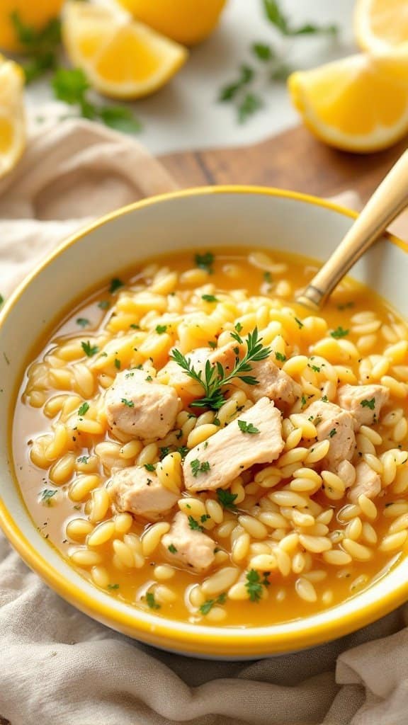 A bowl of Lemon Chicken Orzo Soup with lemon slices and herbs