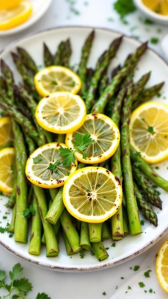 Grilled asparagus with lemon slices on a white plate, garnished with fresh herbs.